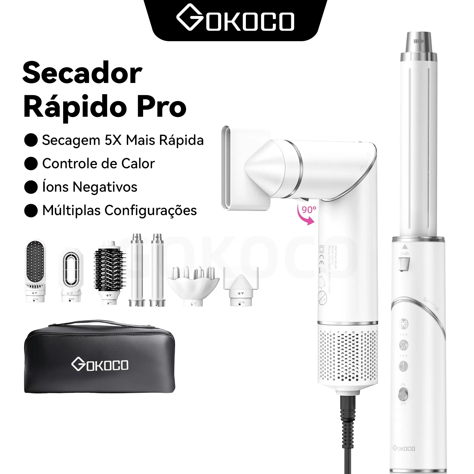 GOKOCO Escova Secadora 7 em 1 – 1200W, Kit Completo Efeito Salão para Secar, Alisar e Modelar
