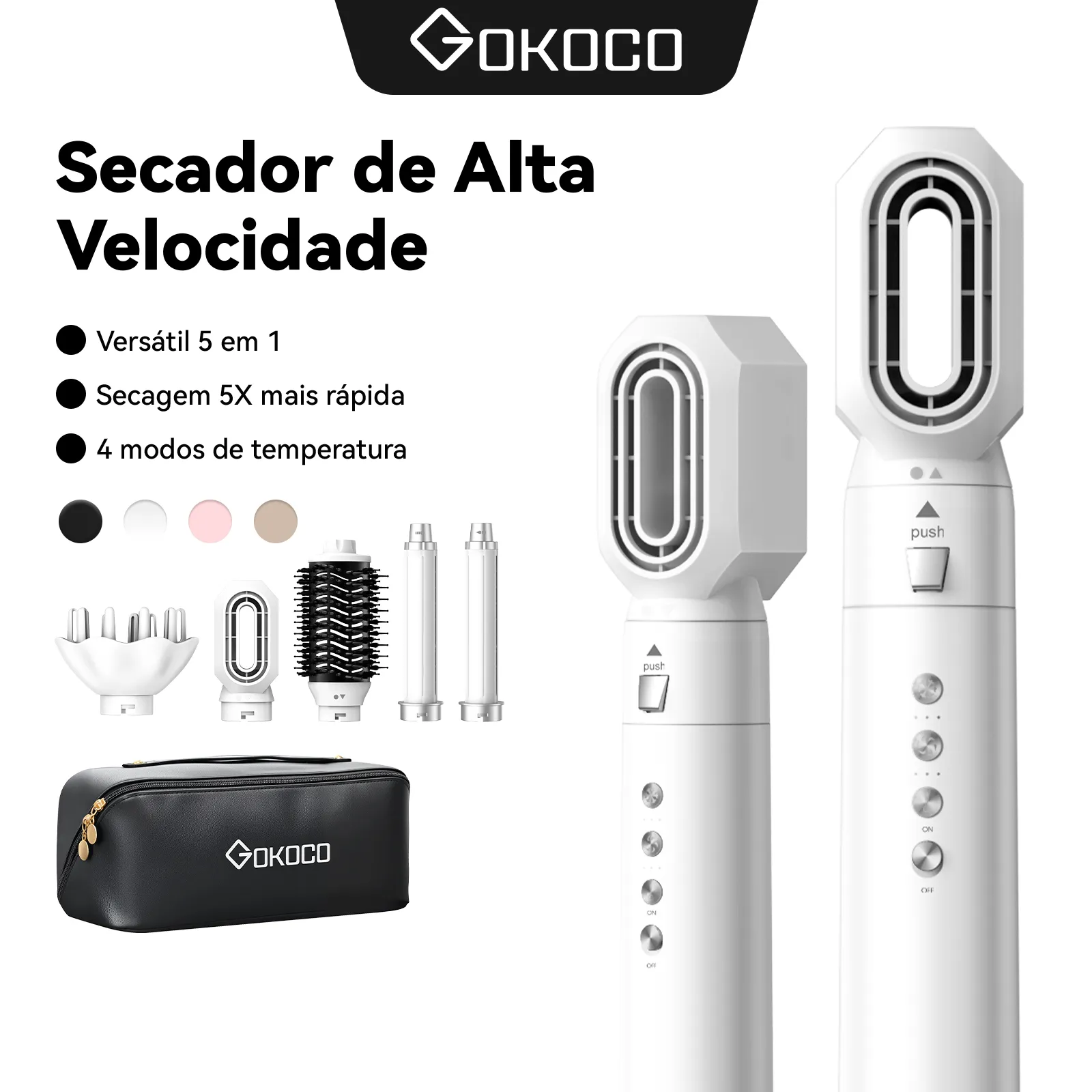 GOKOCO Escova Secadora 5 em 1 Bivolt | Secador de Cabelo Magnético de Alta Velocidade Profissional