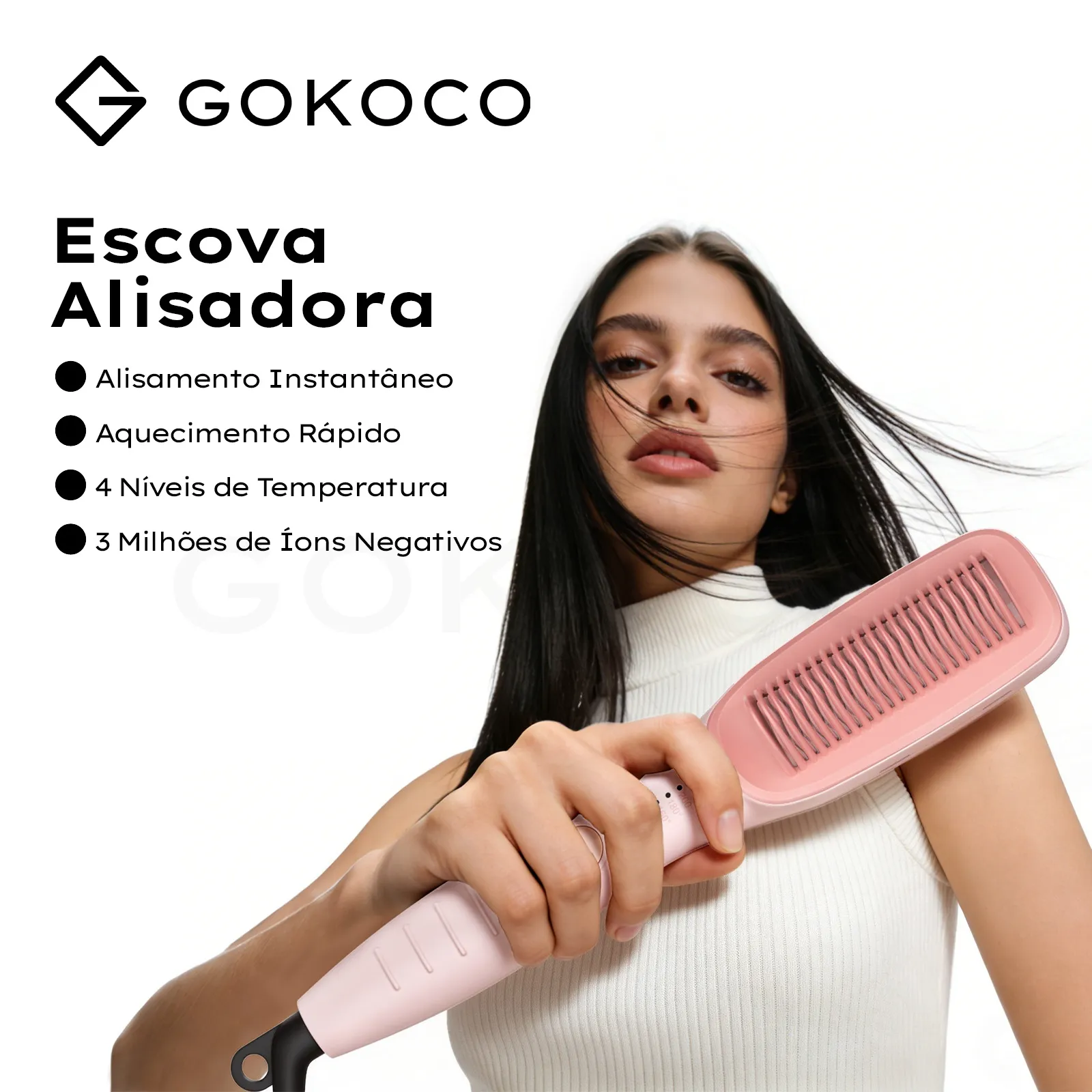 GOKOCO Escova Alisadora de Cabelo Bivolt com Íons Negativos | Alisamento Rápido e Sem Frizz
