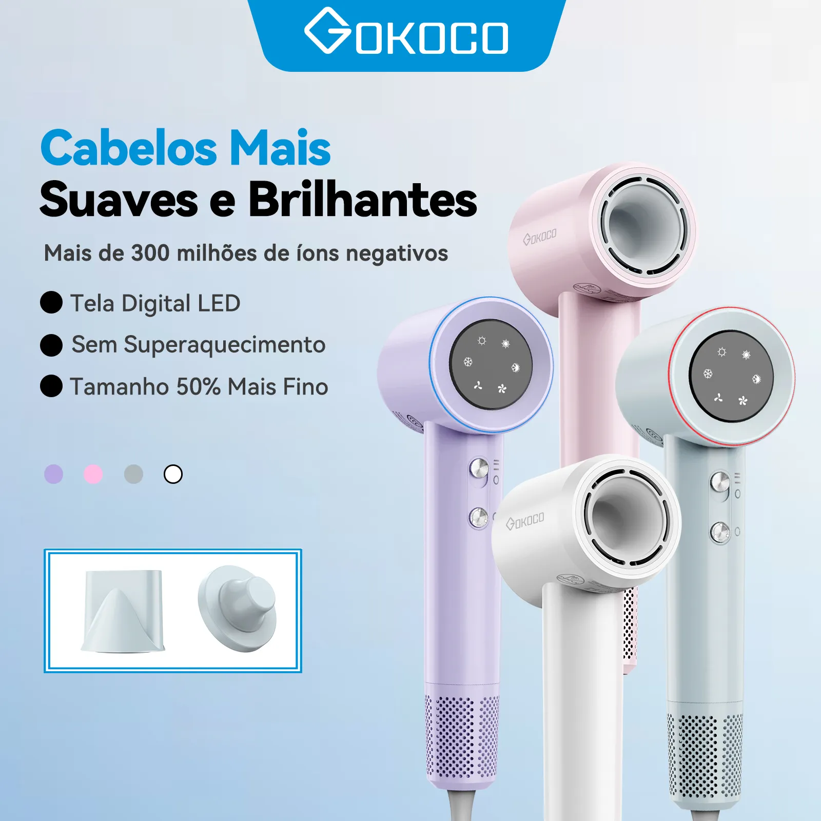 GOKOCO Secador de Cabelo | Alta Velocidade Profissional 1500W, Secagem Rápida e Íons Negativos