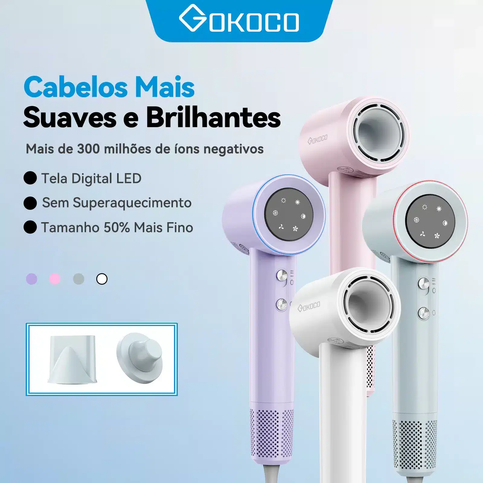GOKOCO Secador de Cabelo | Alta Velocidade Profissional 1500W, Secagem Rápida e Íons Negativos